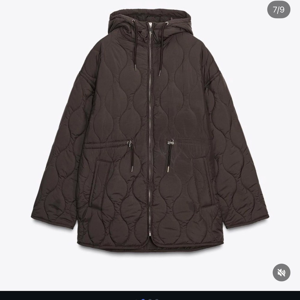 Zara fitted Brown Quilted lightweight Jacket with Hoodie